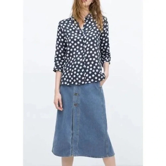 ZARA Blue White Linen Polka  Dot Button Down Long Sleeve Shirt size XS - Picture 3 of 8